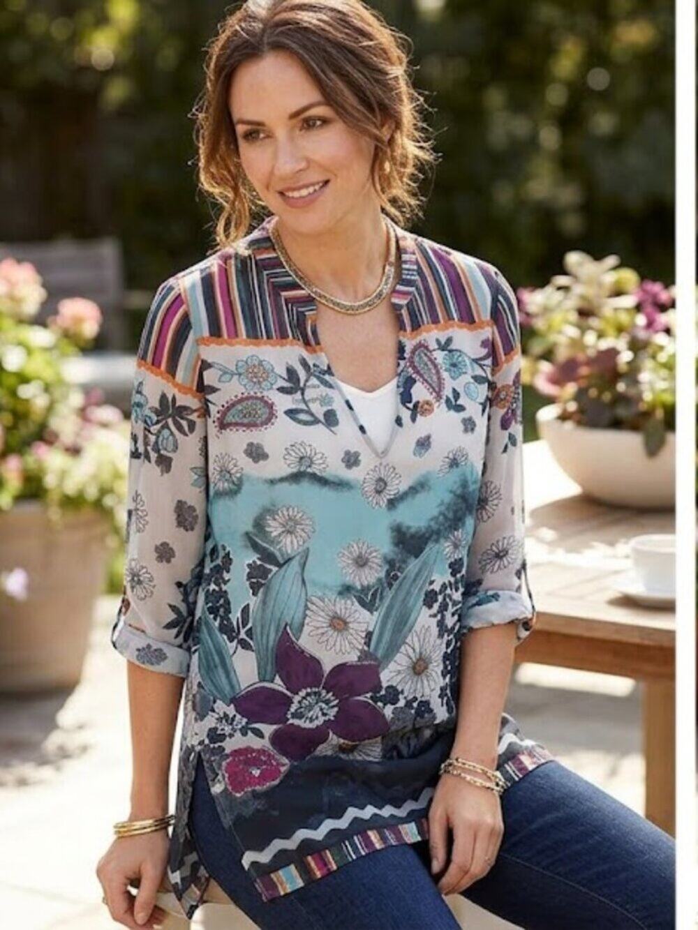 Coldwater Creek 100% Silk Floral Tunic Top Teal Blue Purple Petite Medium PM